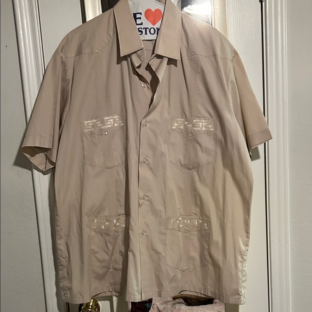Beige Short Sleeve Button-Up Shirt with Pocket Details
